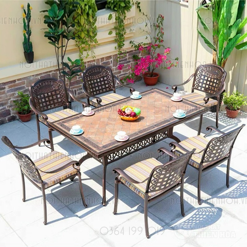Bộ bàn ăn mặt đá ngoài trời sân thượng 6 ghế