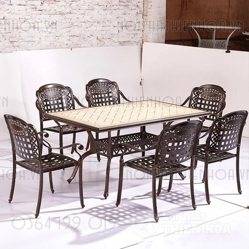 Bộ bàn ăn mặt đá ngoài trời sân thượng 6 ghế