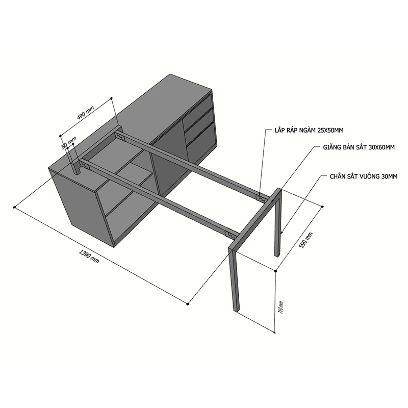 Kích thước Chân sắt lắp ráp cho bàn gác tủ 140x60cm hệ Slean