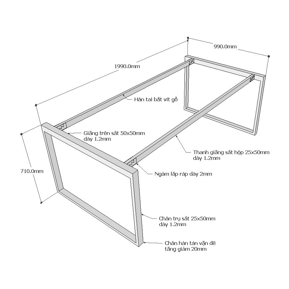 kích thước chân sắt cho bàn 200x100cm