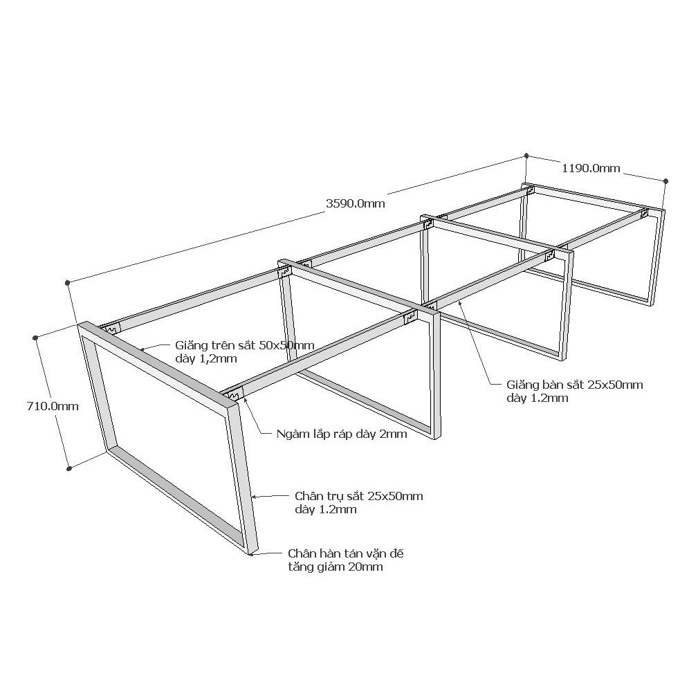 kích thước chân sắt lắp ráp cho bàn cụm 6