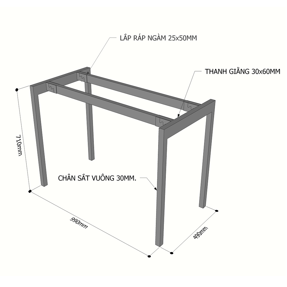 kích thước chân sắt cho bàn 1m