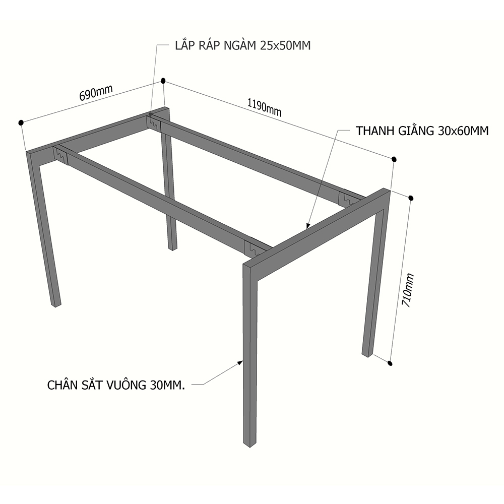 kích thước chân sắt cho bàn 1m2