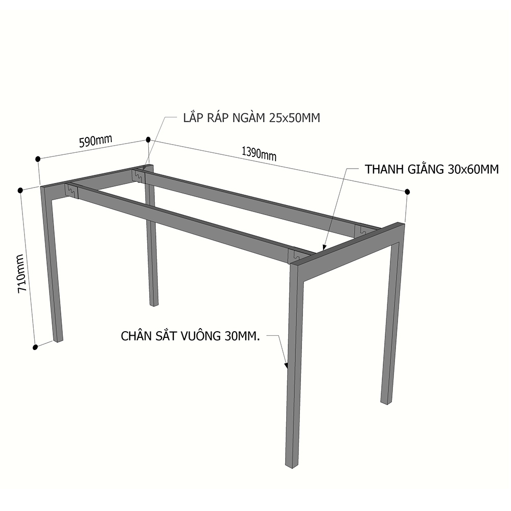 kích thước chân sắt cho bàn 1m4