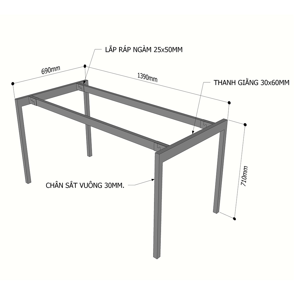 kích thước chân sắt cho bàn 1m4