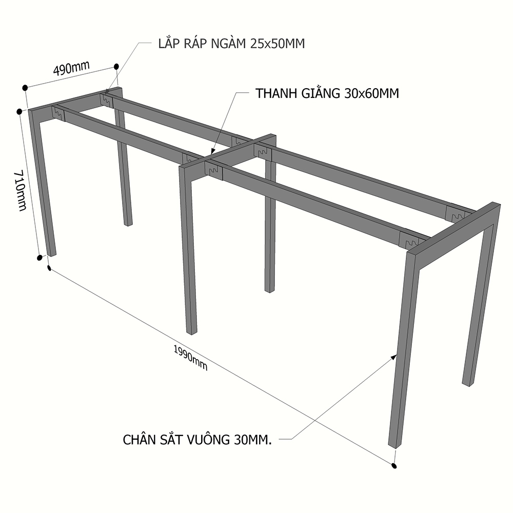 Kích thước chân sắt lắp ráp cho bàn cụm 2 hệ slean