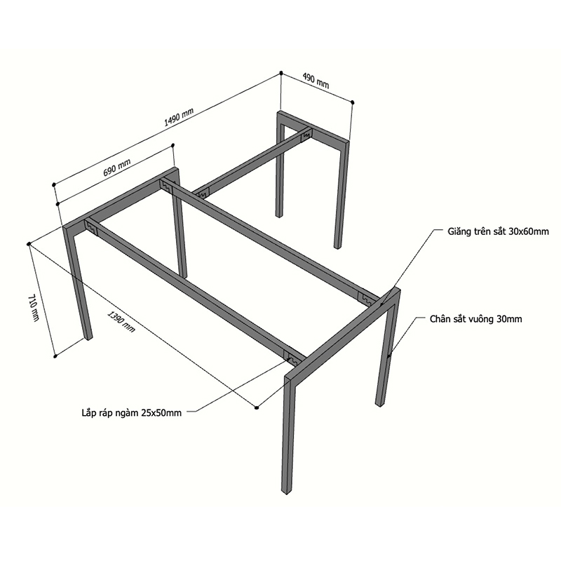 Kích thước chân sắt cho bàn chữ L