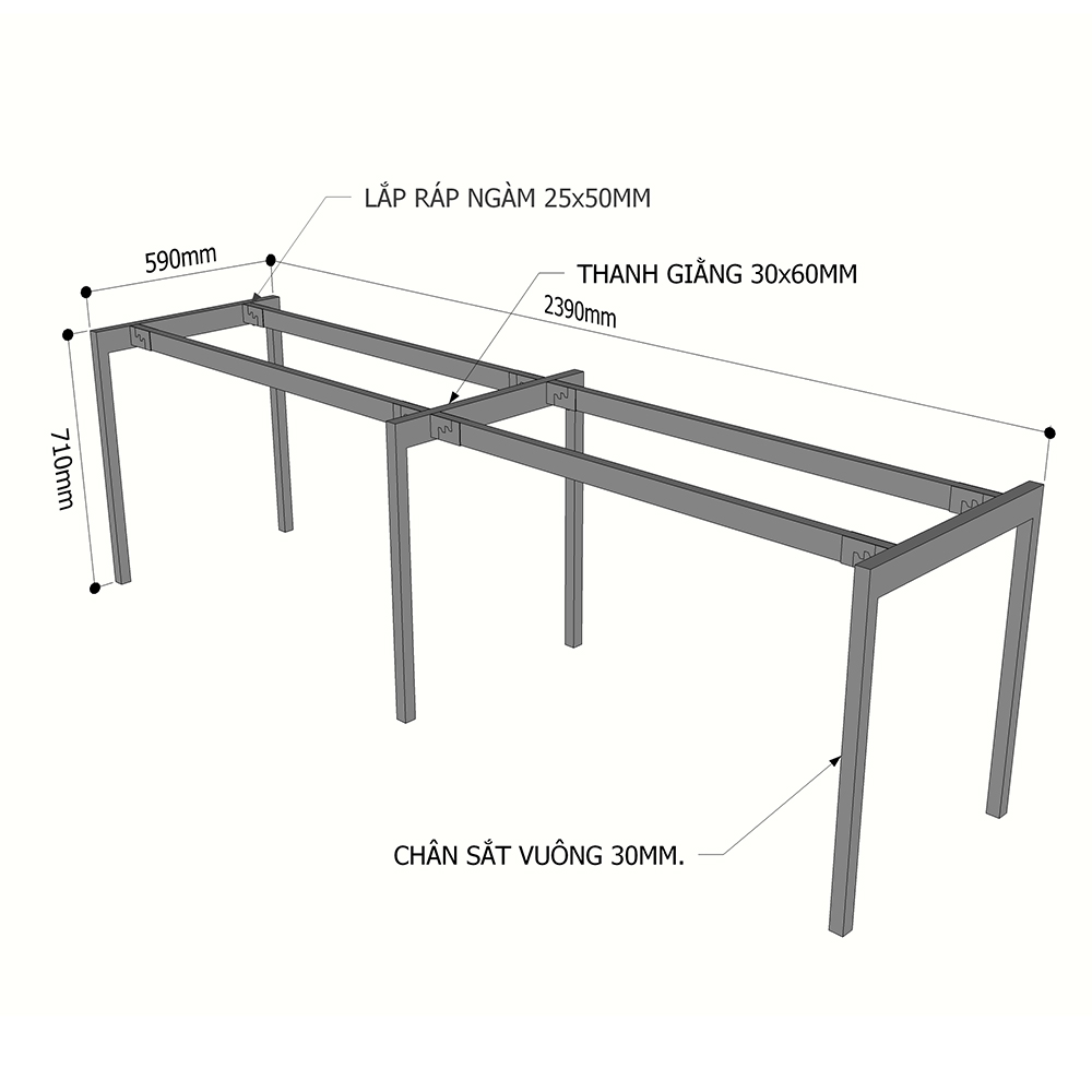 Kích thước chân sắt lắp ráp cho bàn cụm 2 hệ slean