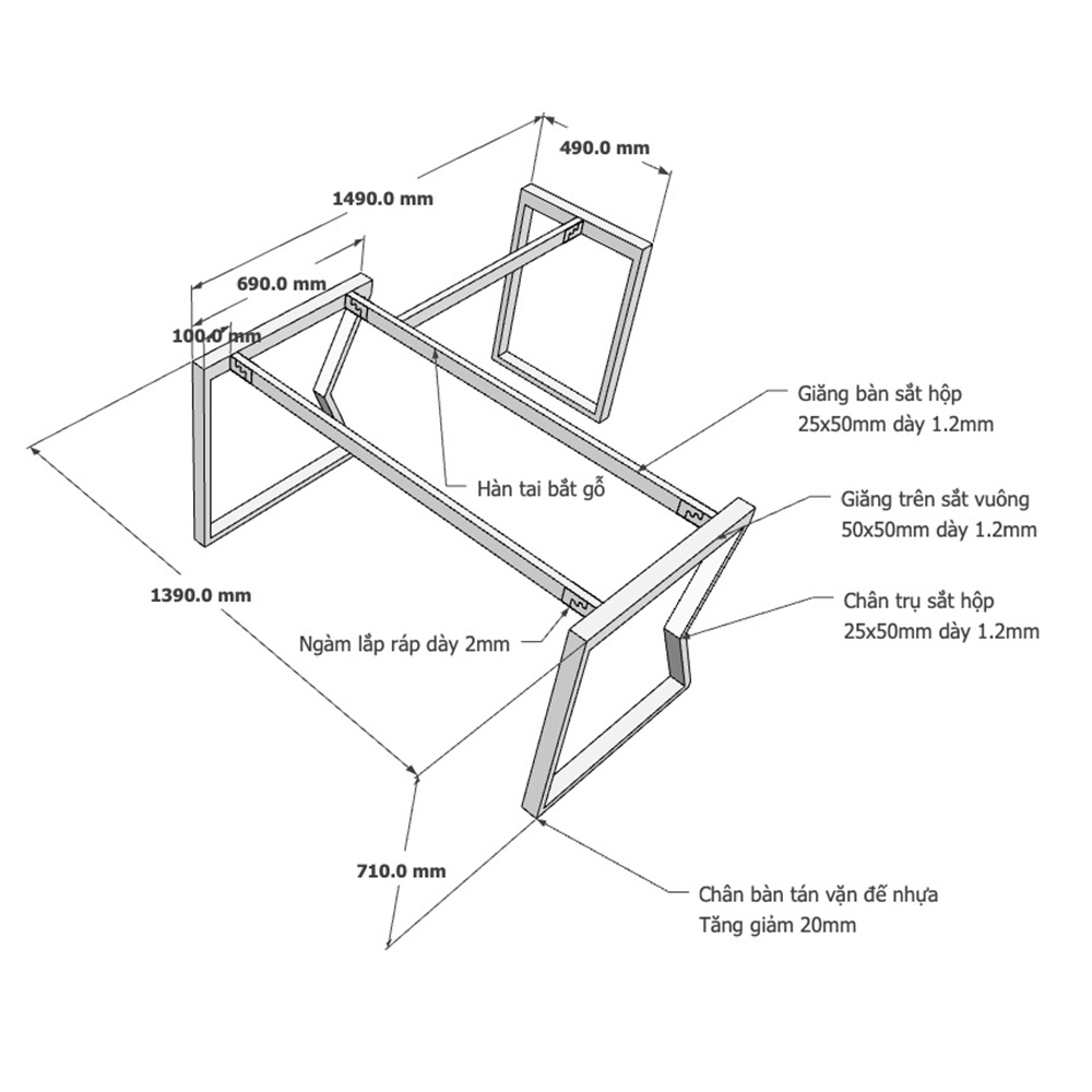 kích thước chân sắt bàn chữ L