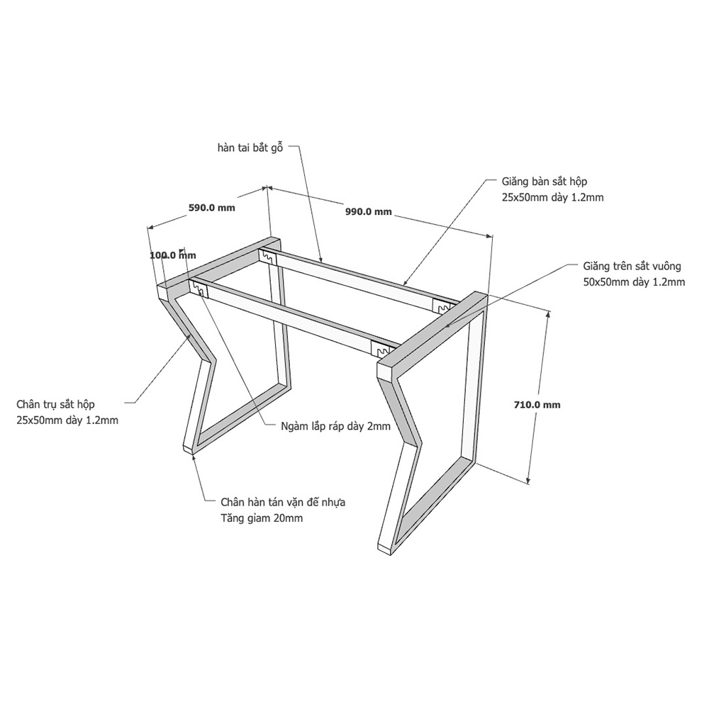 Kích thước chân sắt cho bàn 1m