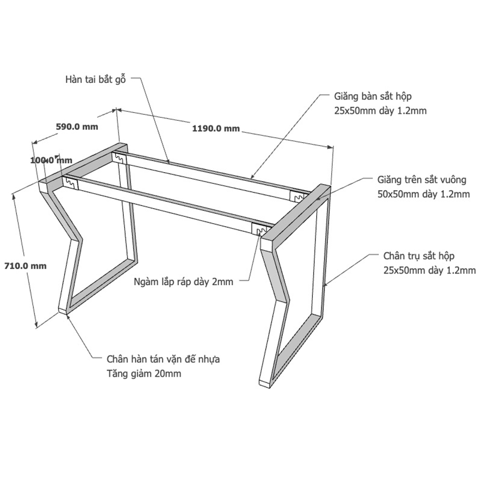 kích thước chân sắt cho bàn 1m2