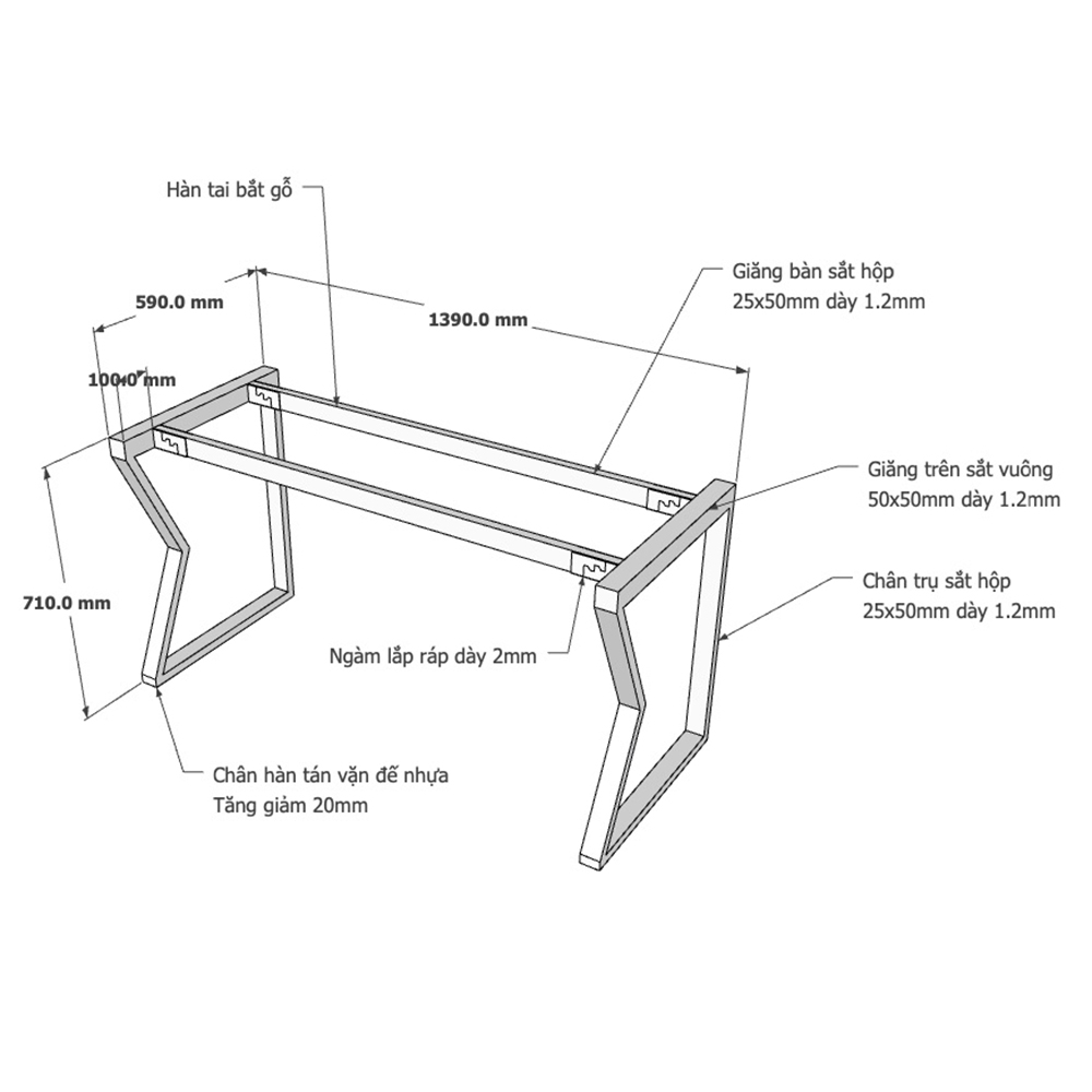 chi tiết kích thước chân sắt bàn 1m4