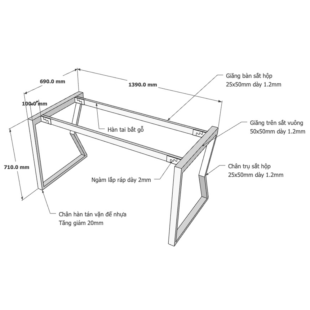 kích thước chân sắt cho bàn 1m4