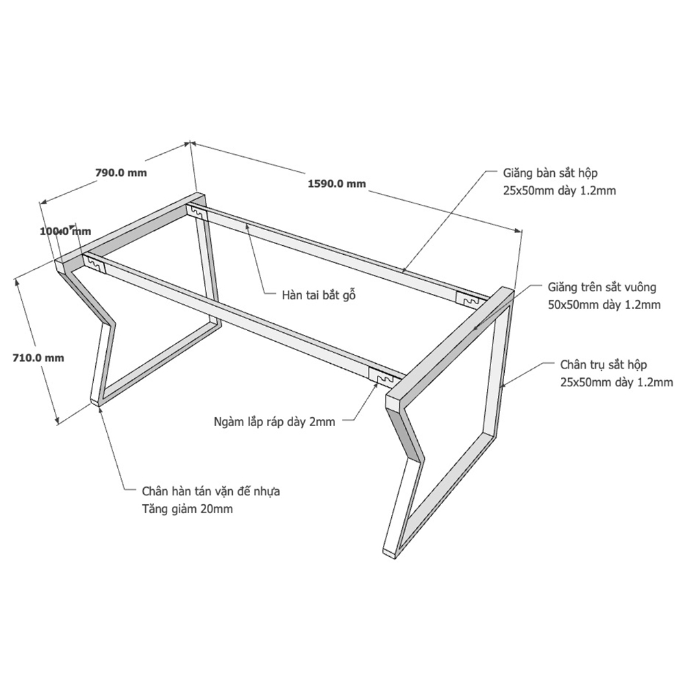 kích thước chân sắt cho bàn 1m6