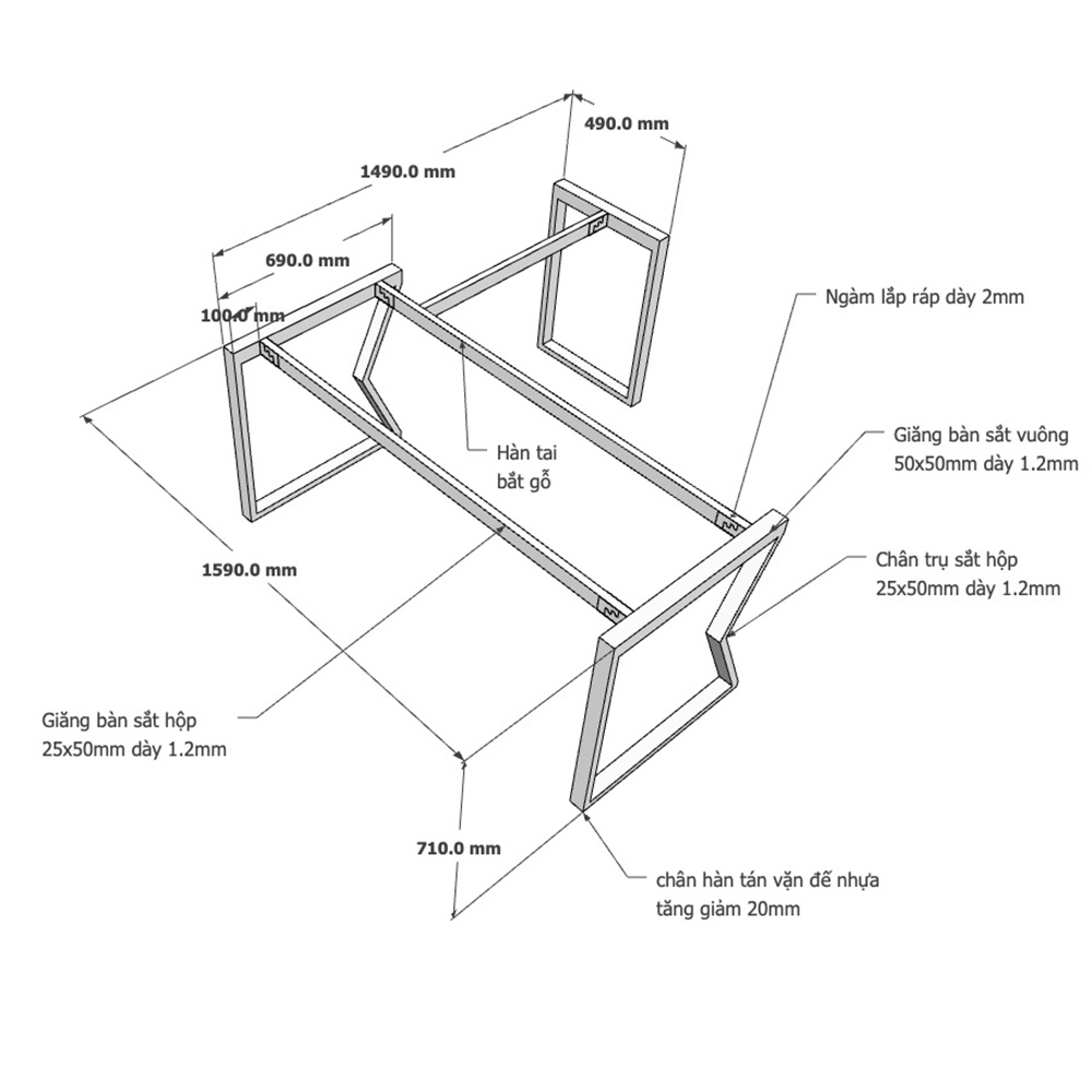 kích thước chân sắt cho bàn chữ L