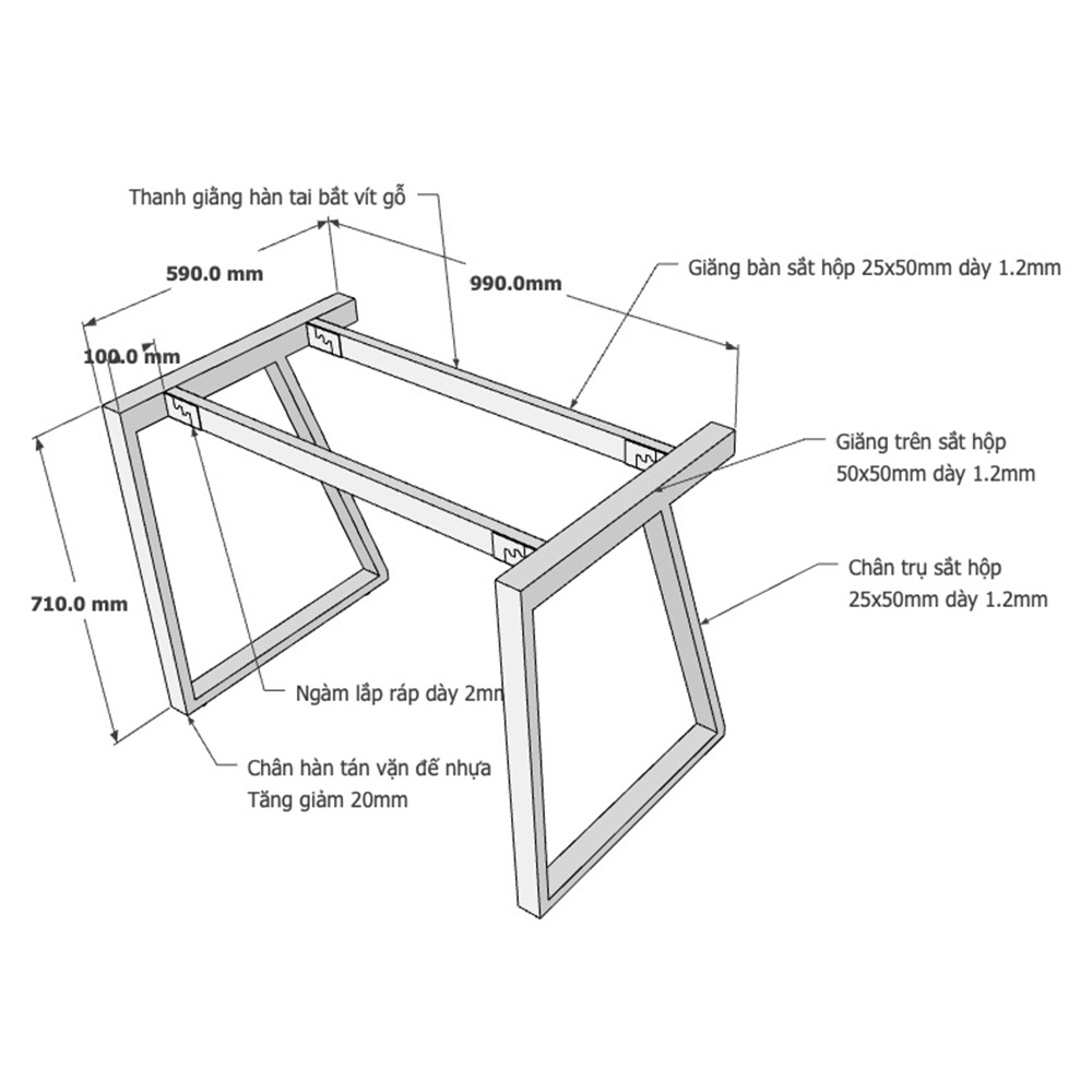 kích thước chân sắt cho bàn 1m