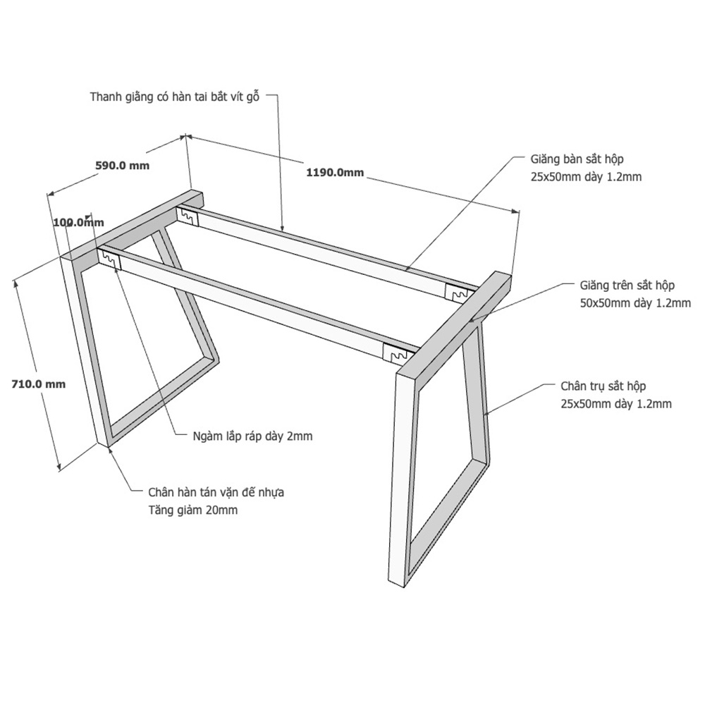 kích thước chân sắt lắp ráp cho bàn 1m2