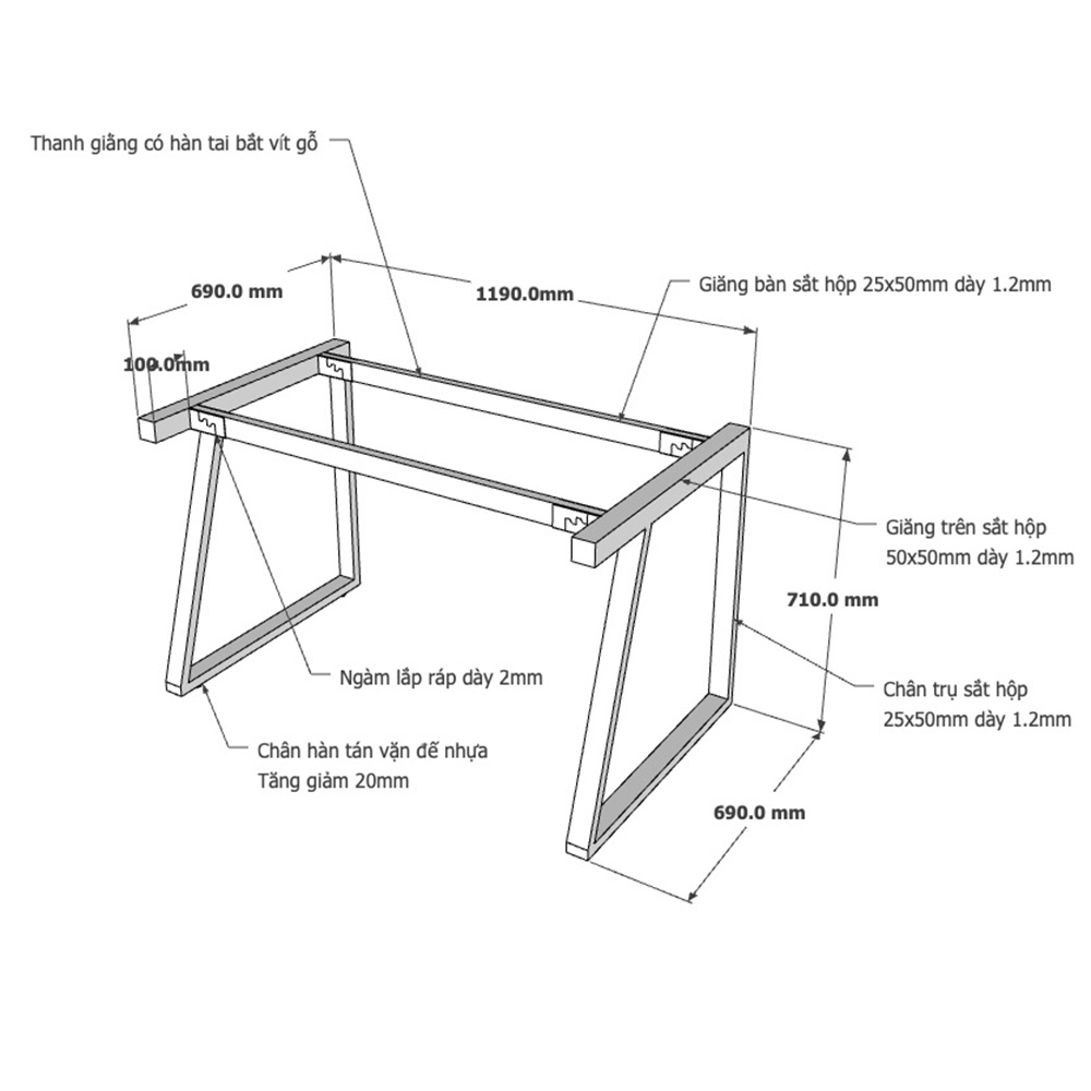 kích thước chân sắt lắp ráp cho bàn 1m2