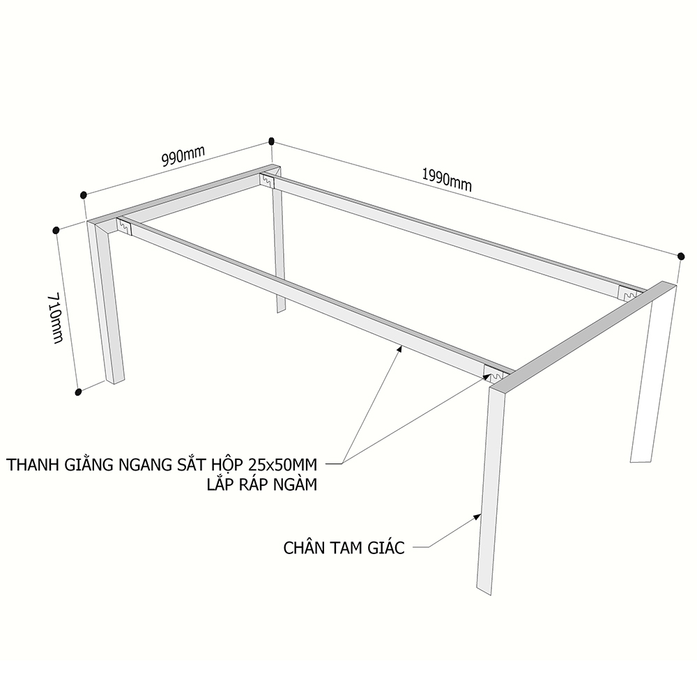 Chi tiết kích thước chân sắt tam giác hệ Trian cho bàn 200x100cm