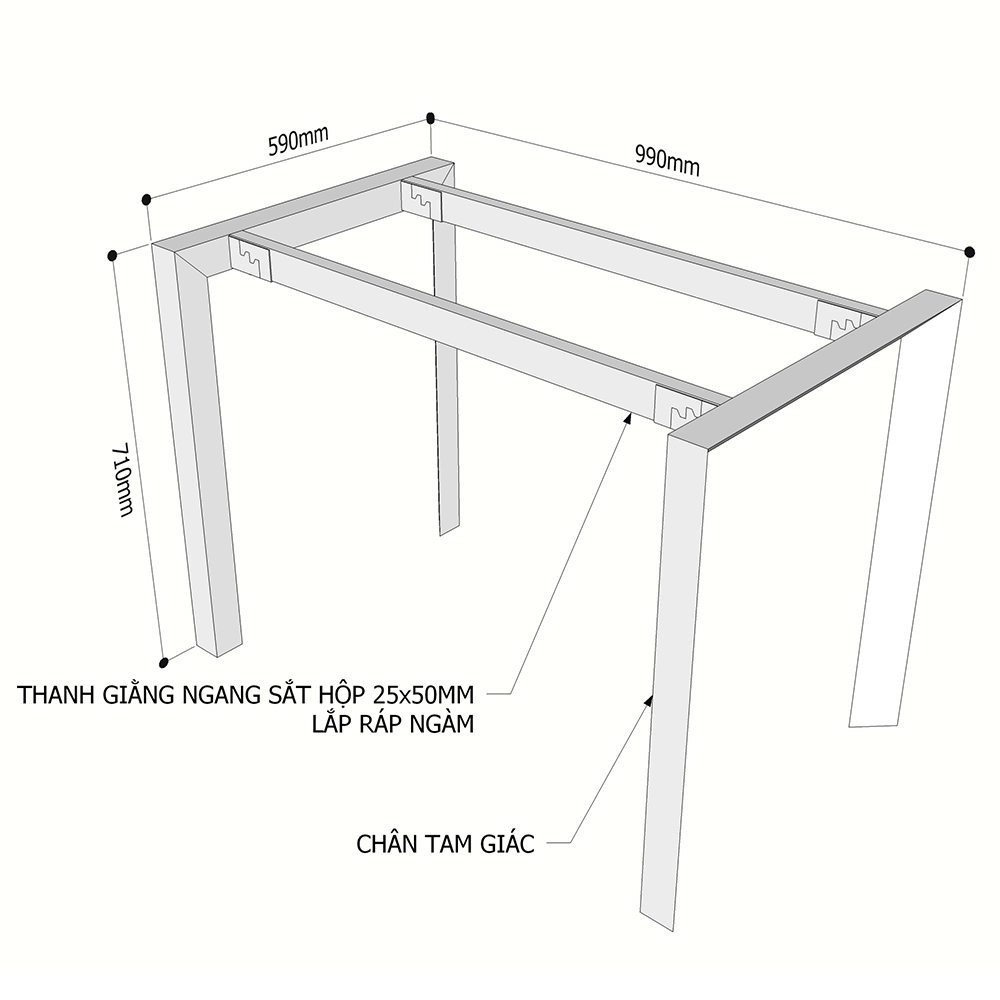 kích thước chân sắt tam giác lắp ráp cho bàn 1m