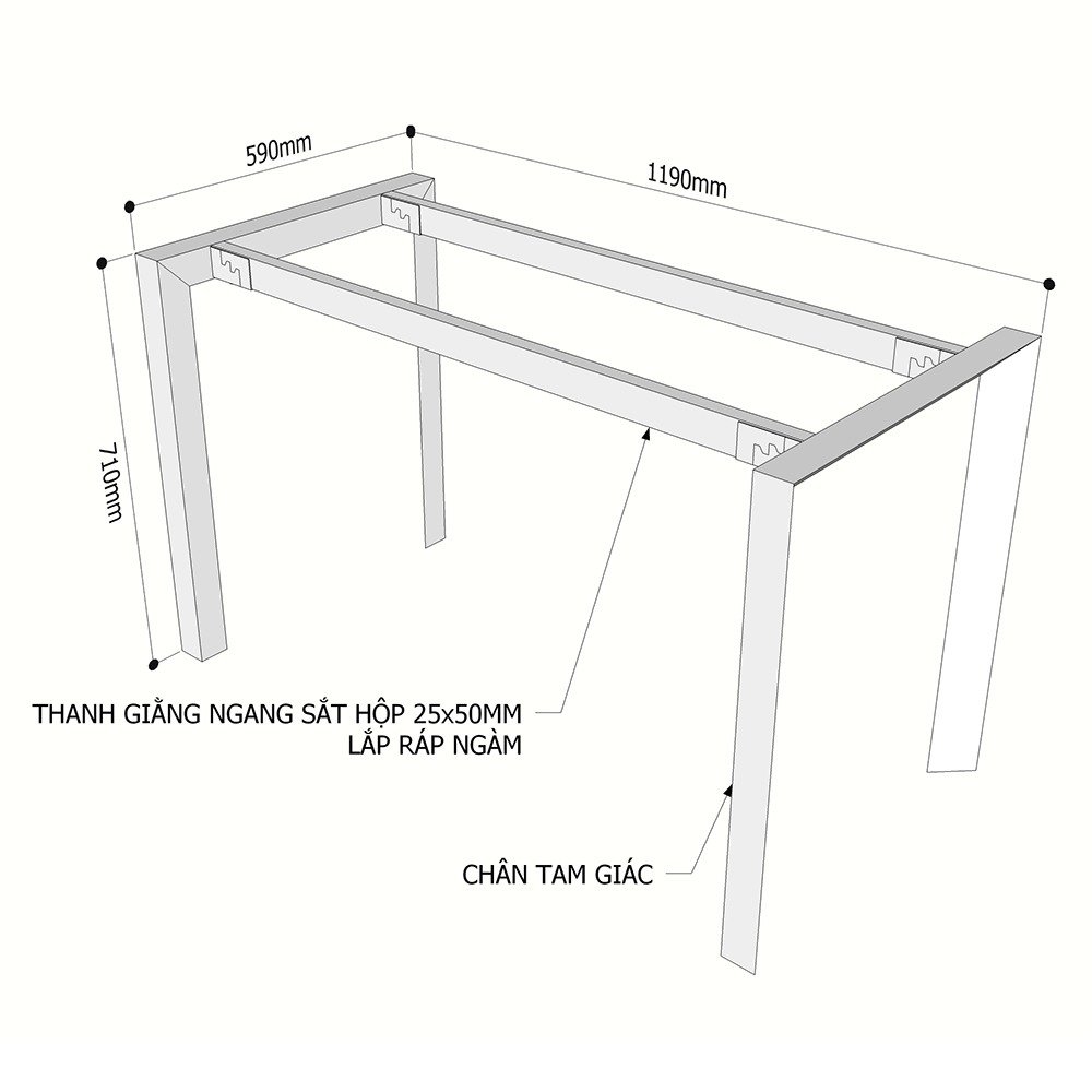 Chi tiết kích thước chân sắt tam giác cho bàn 120x60cm