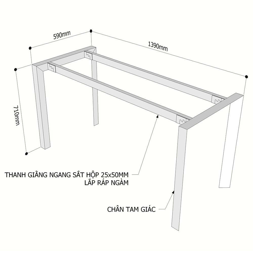 Chi tiết kích thước chân sắt tam gíac hệ Trian cho bàn 120x60cm