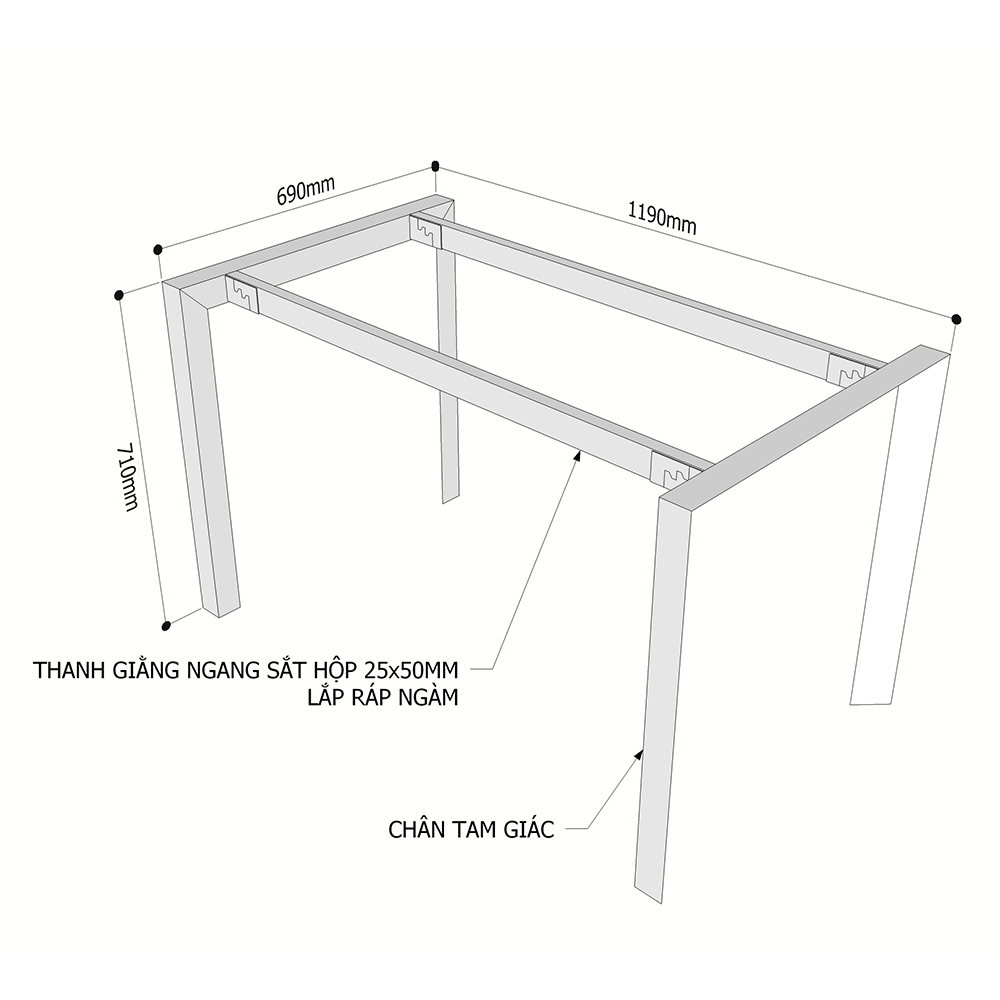 Chi tiết kích thước chân sắt tam gíac cho bàn 120x70cm