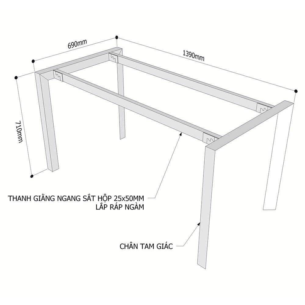 Chi tiết kích thuớc chân sắt tam giác lắp ráp cho bàn 140x70cm