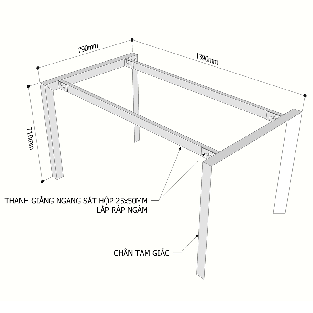 Chi tiết kích thước chân sắt tam giác cho bàn 140x80cm