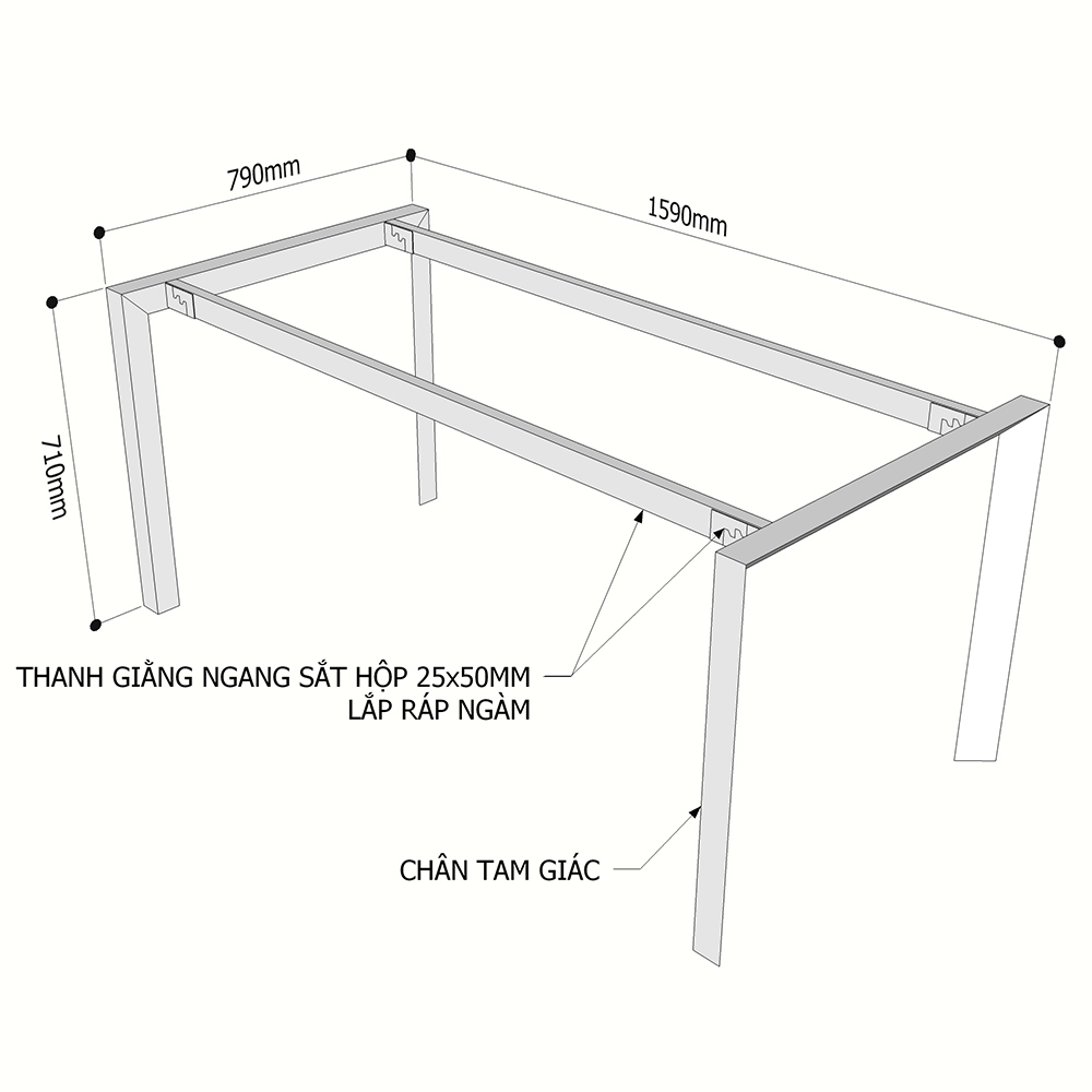 Chi tiết kích thước chân sắt tam giác cho bàn 160x80cm