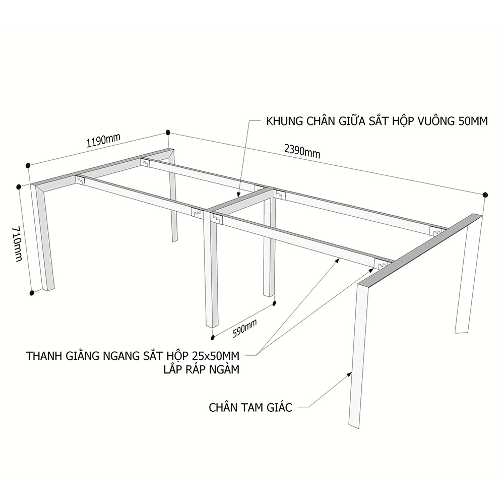 Chi tiết kích thước chân sắt tam giác hệ Trian cho bàn 240x120cm