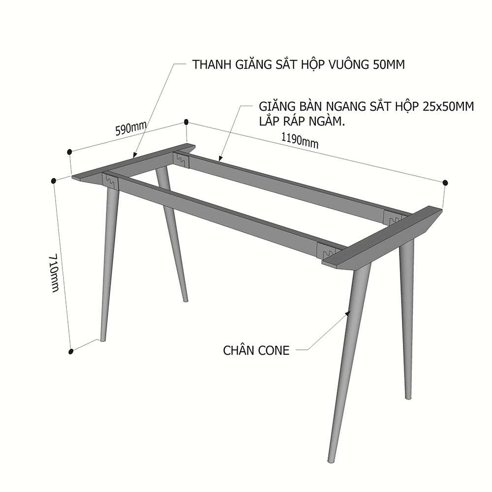 kích thước chân sắt côn cho bàn 1m2