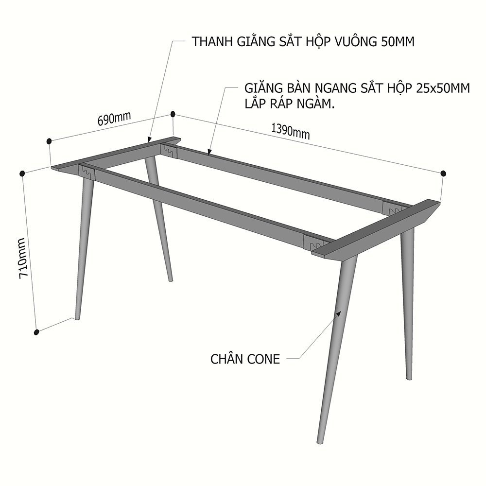 kích thước chân sắt côn cho bàn 1m4