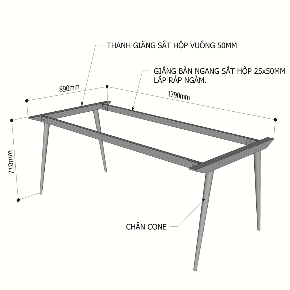 kích thước chân bàn sắt côn 180x90cm