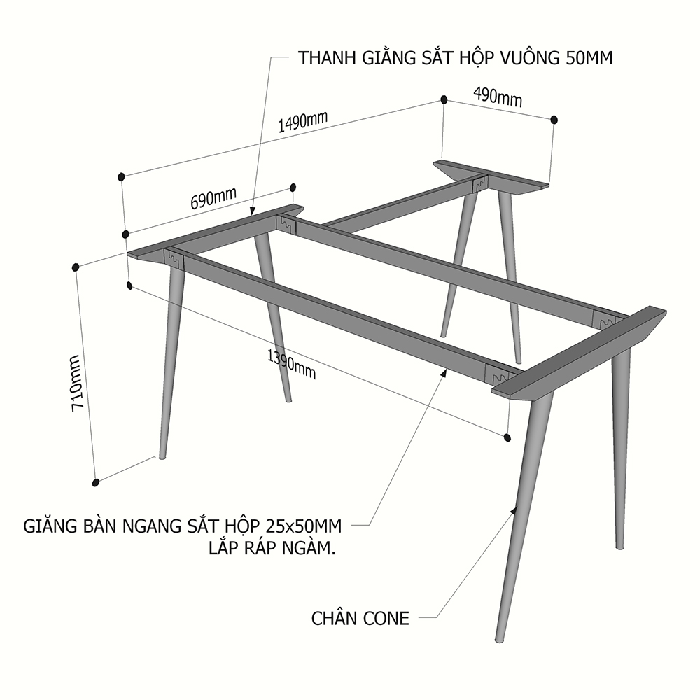 kích thước chân sắt cho bàn chữ l