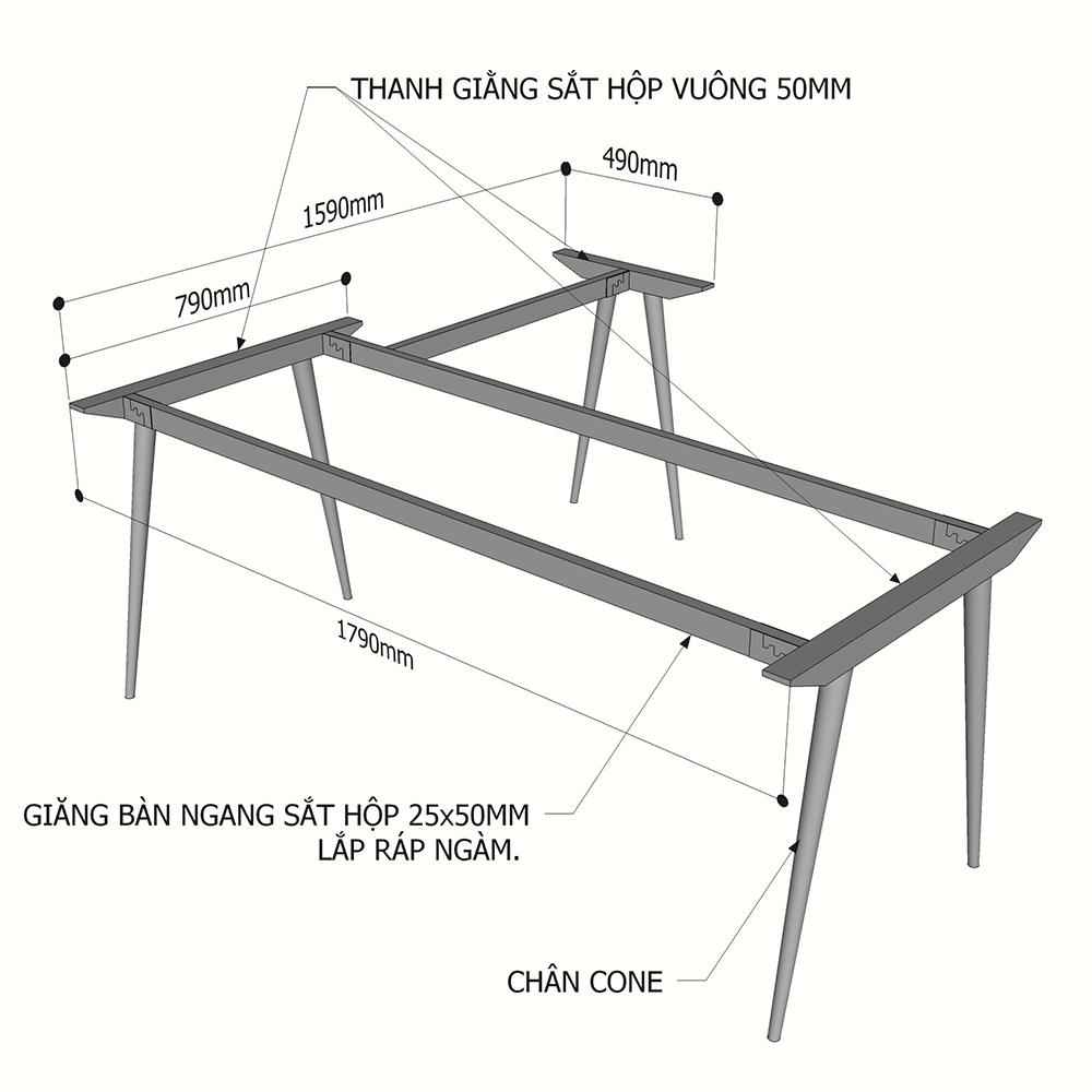 kích thước chan sắt cho bàn chữ l