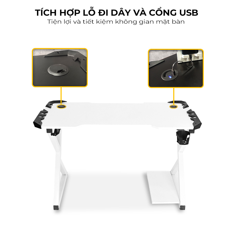 Bàn Gaming X-Razer Full Trắng - Tích hợp lỗ đi dây và cổng USB