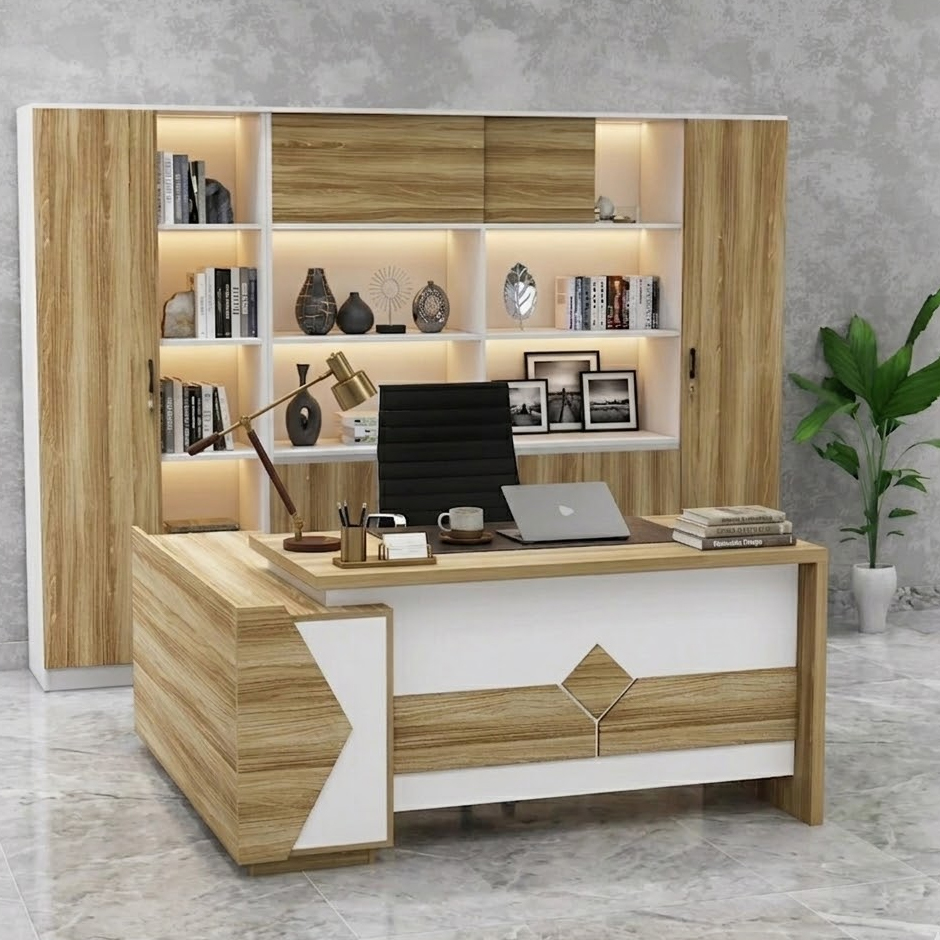 Bàn Giám Đốc Trắng Kết Hợp Vân Gỗ BGĐ122