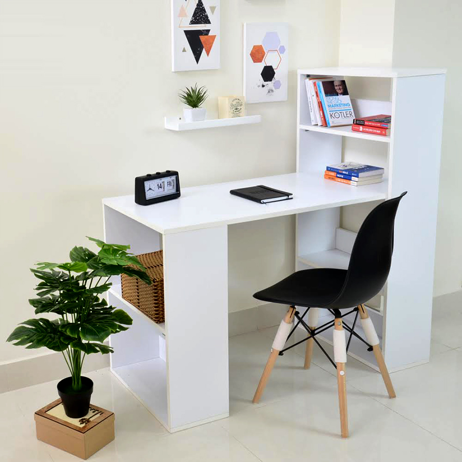 Bàn làm việc, bàn học giá sách màu trắng 04