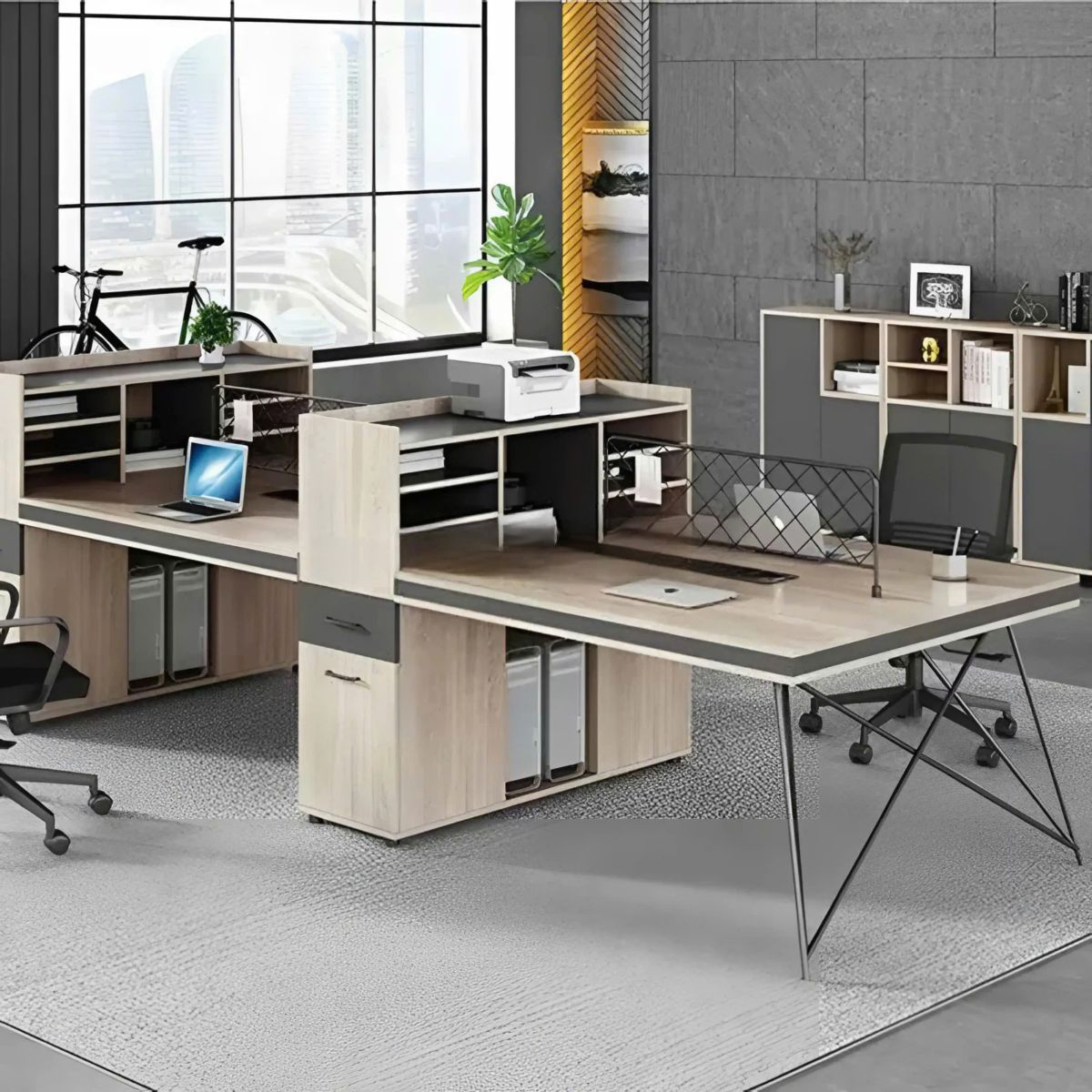 Cụm Bàn Làm Việc 4 Người Kèm Kệ Nhiều Tầng Siêu Gọn