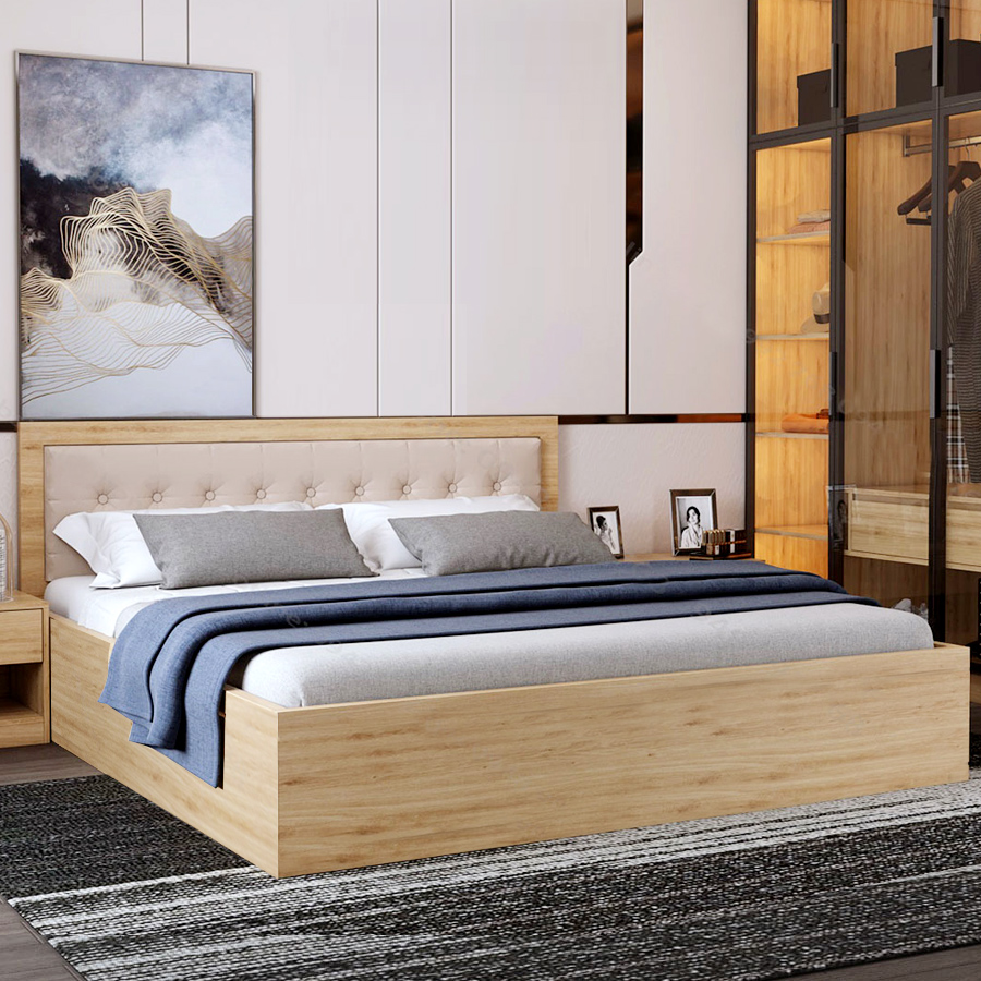 Giường gỗ công nghiệp bọc đệm 2 ngăn kéo